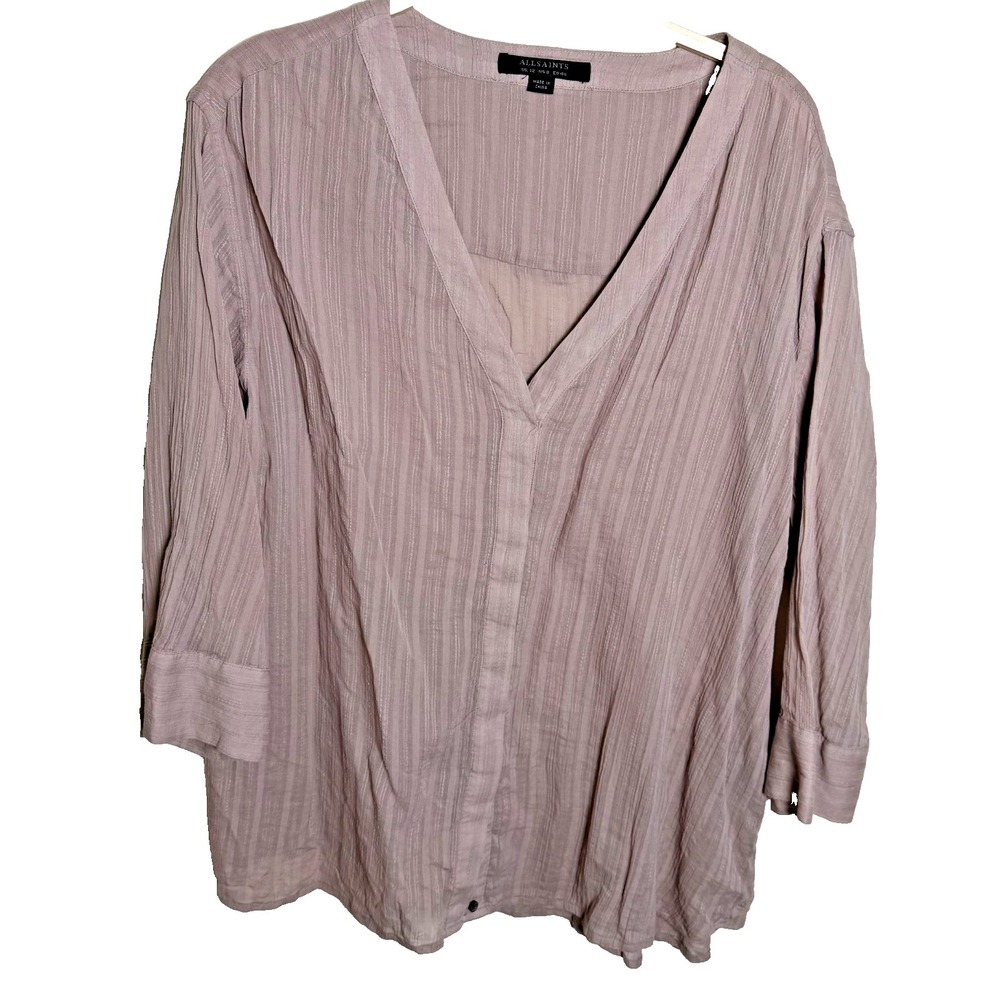 ALL SAINTS Tan Top Blouse Knit Woven Sheer 3/4 Shirt Size 8 Lightweight Resort